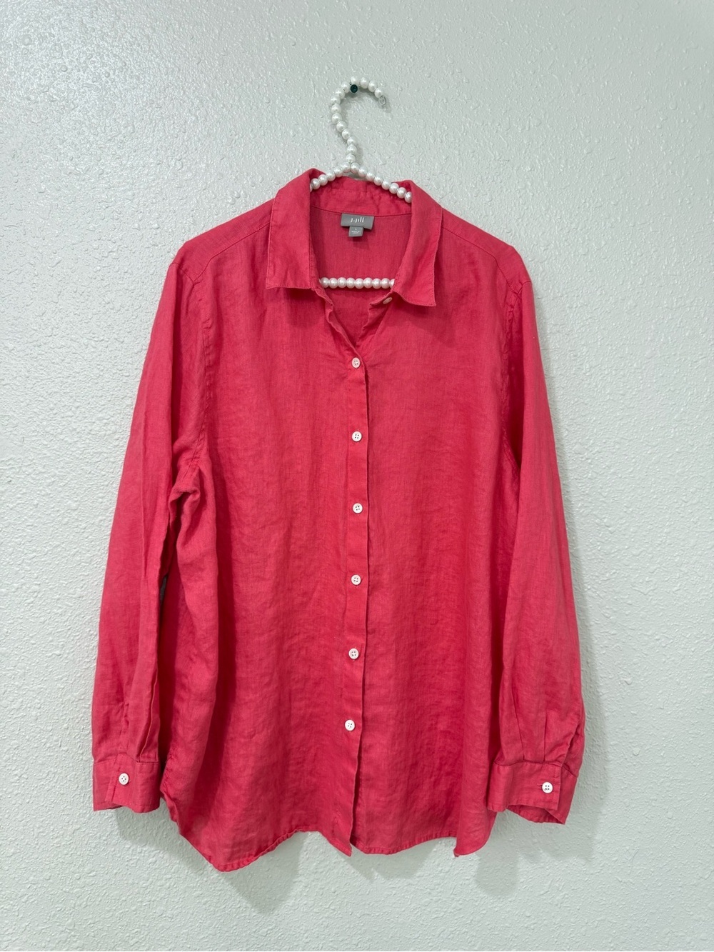 J Jill Relaxed Fit Longline Pink 100% Linen Button Down Shirt SZ L
